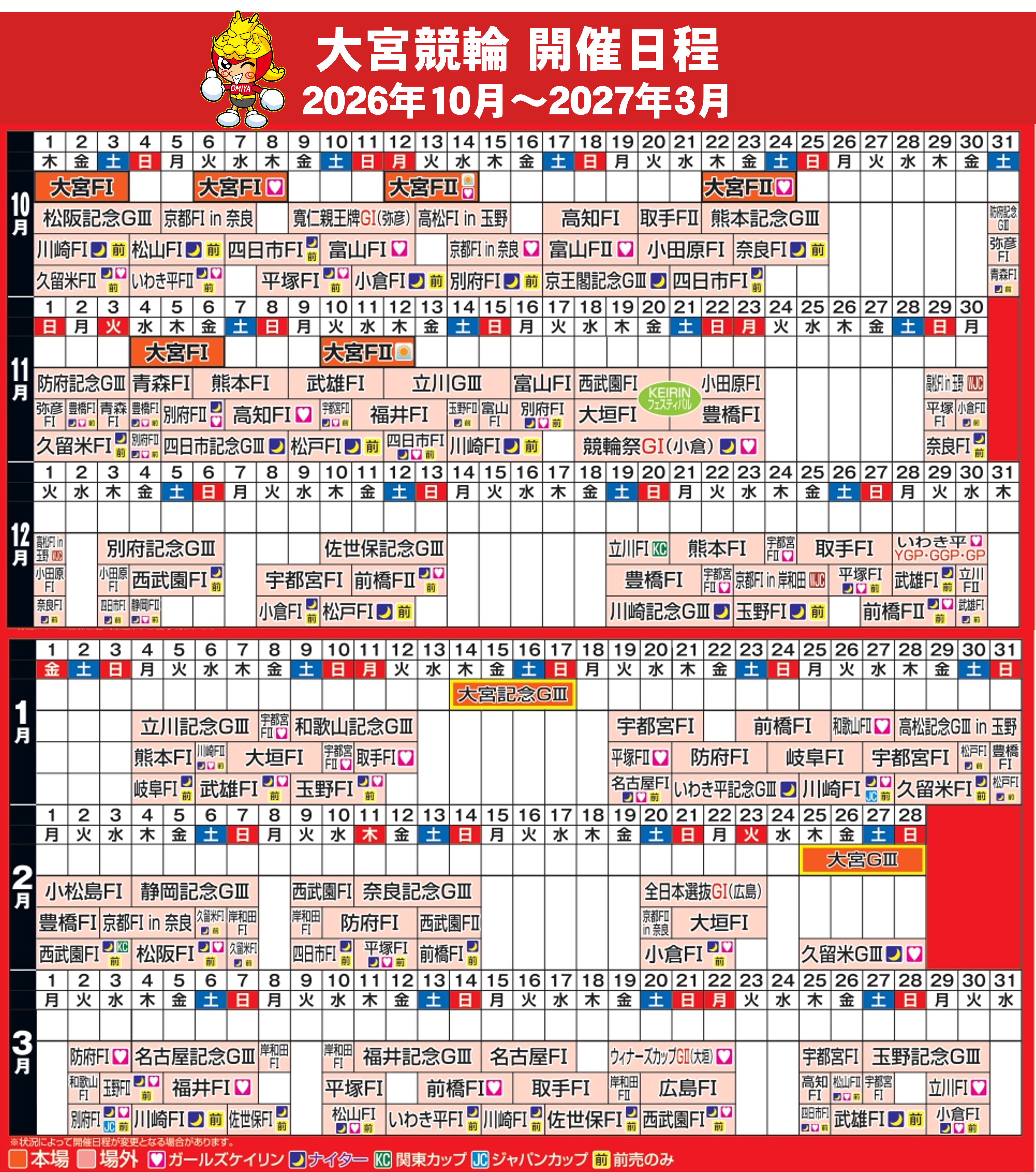 大宮競輪 開催日程（2026年10月〜2027年3月）